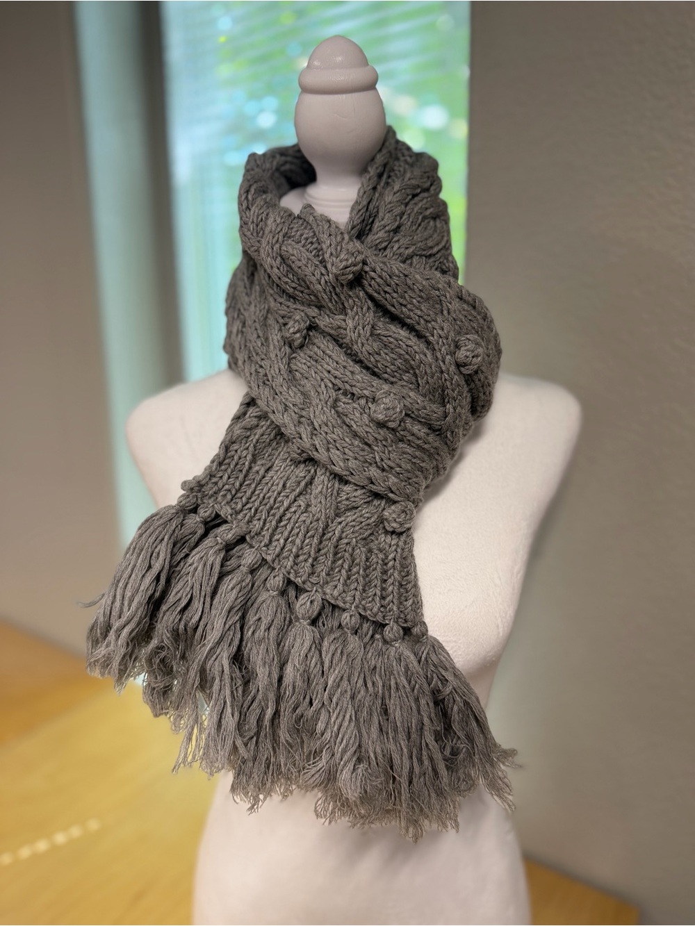 J. Crew Gray Cable Habdknit Fringe Scarf - 100% Wool